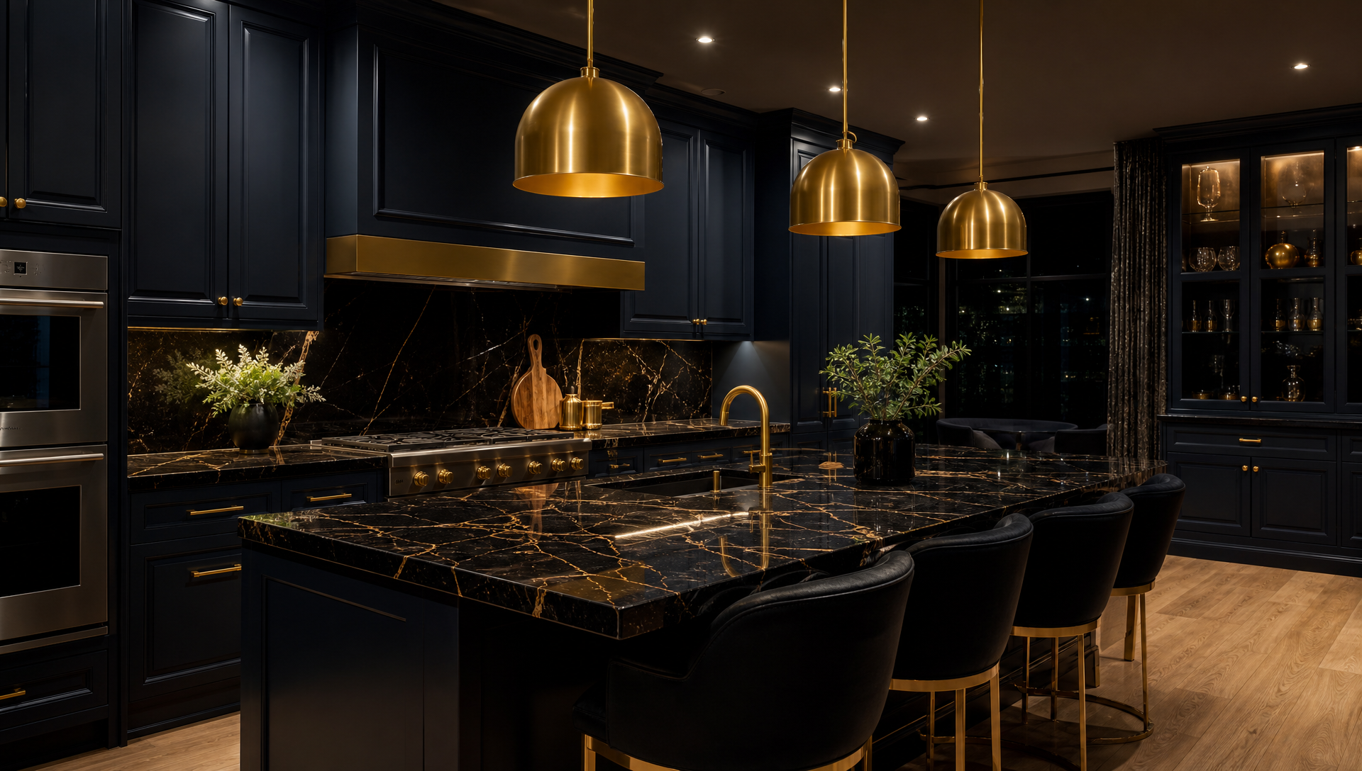 Luxury kitchen renovation with dark cabinetry and gold accents